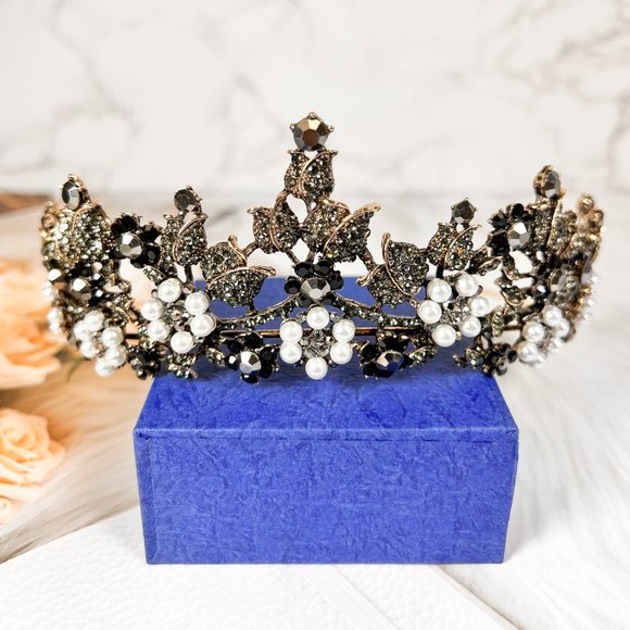 Accessories - Pearl Bride Crown, Black Crystal Rhinestone Tiara, Princess Wedding Hair Jewelry